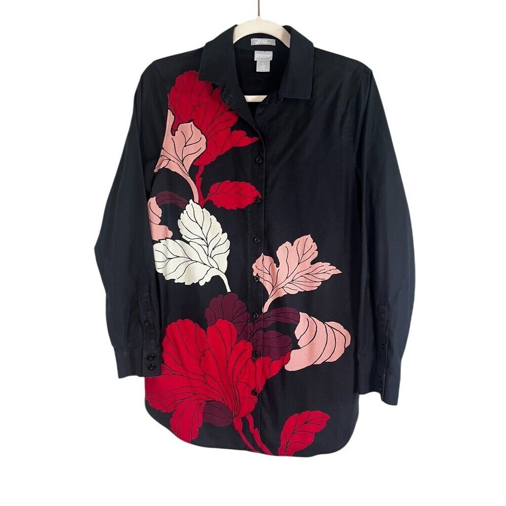 Chicos Floral Shirt 4 Colorful Tunic Boho Indie Resort‎ Preppy Cottage Festival
